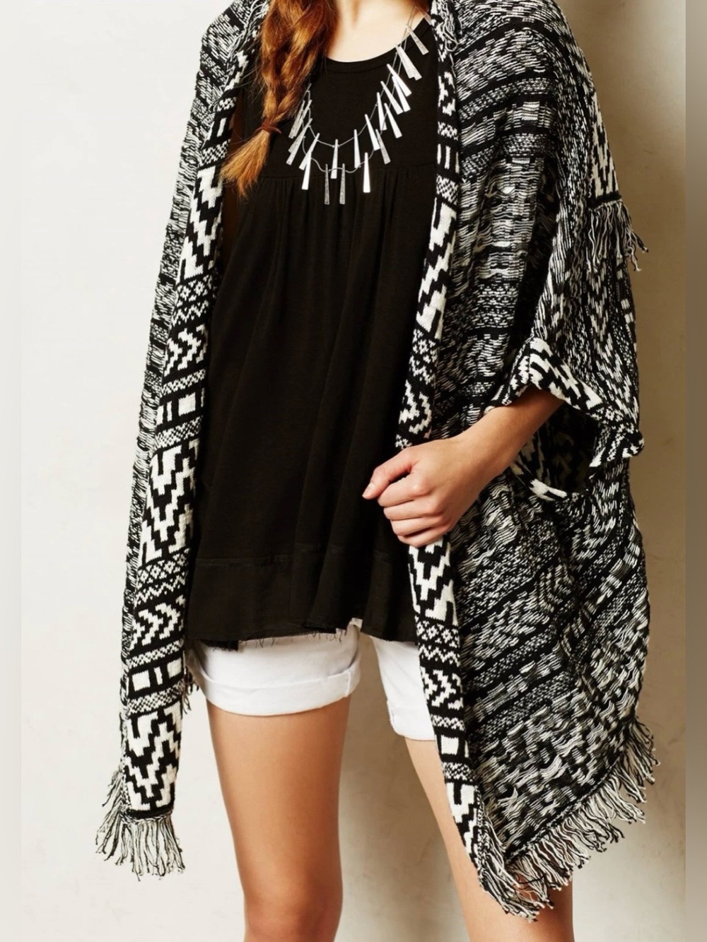 Anthropologie Moth Fringed Open Knit Kimono Cardigan Black White Medium Batwing